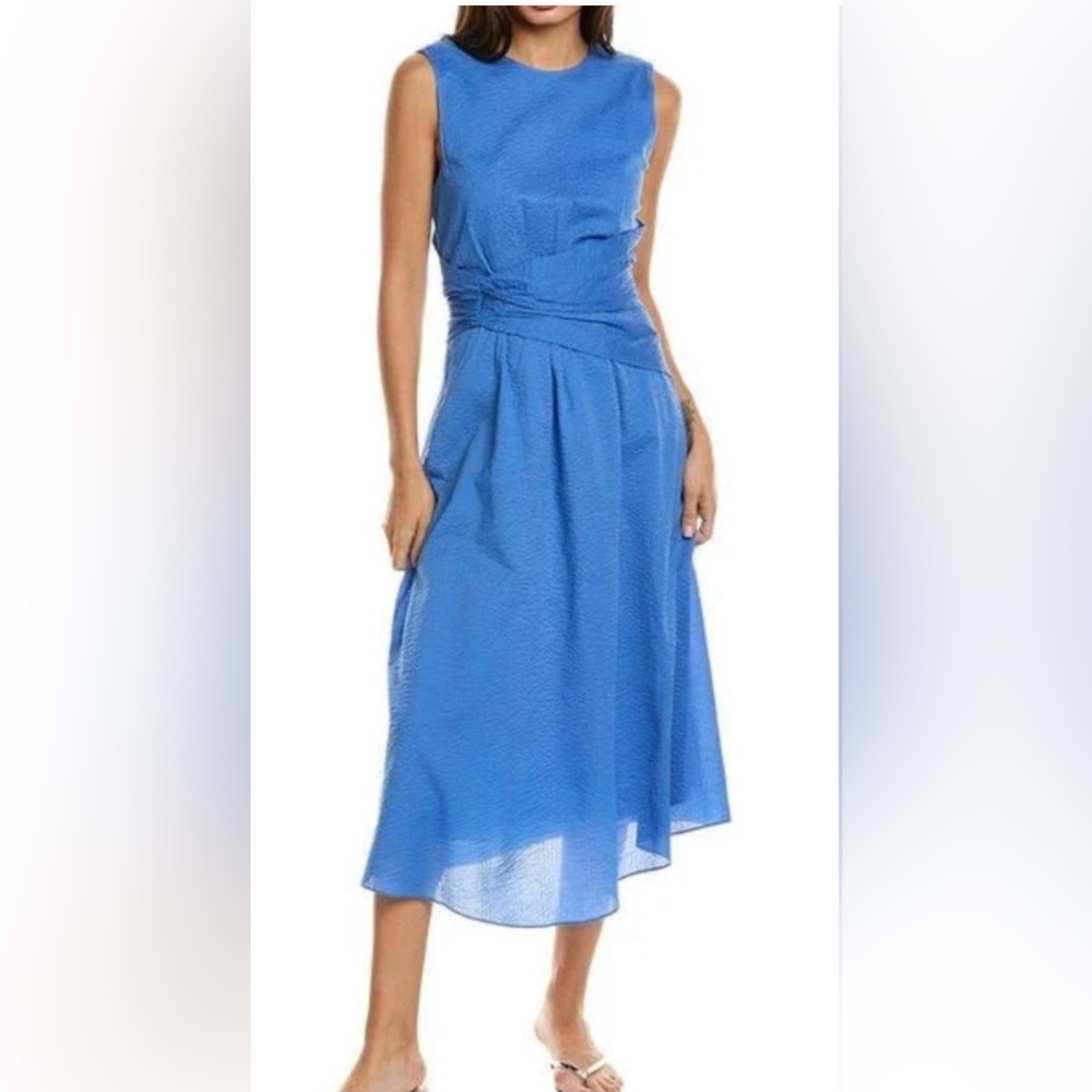 Frame blue textured-cotton draped midi dress. Size Small. New with tags.